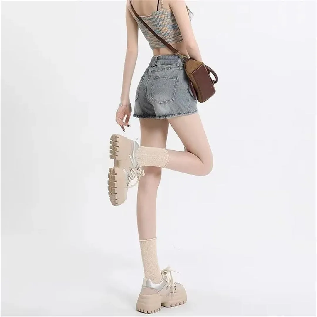 Women in Summer High Waist Slim Figure One-Piece A-Line Hot Pants Denim Shorts
