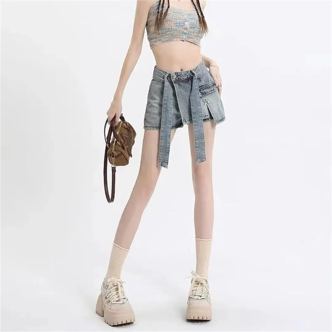 Women in Summer High Waist Slim Figure One-Piece A-Line Hot Pants Denim Shorts