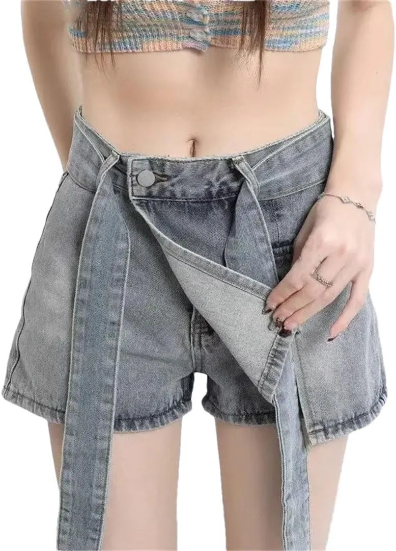 Women in Summer High Waist Slim Figure One-Piece A-Line Hot Pants Denim Shorts