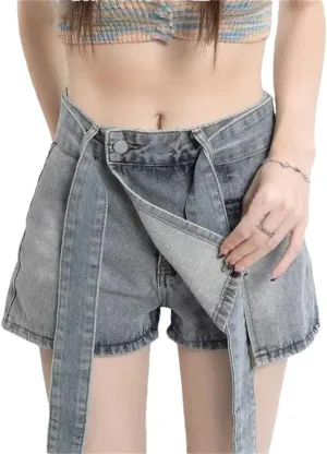 Women in Summer High Waist Slim Figure One-Piece A-Line Hot Pants Denim Shorts