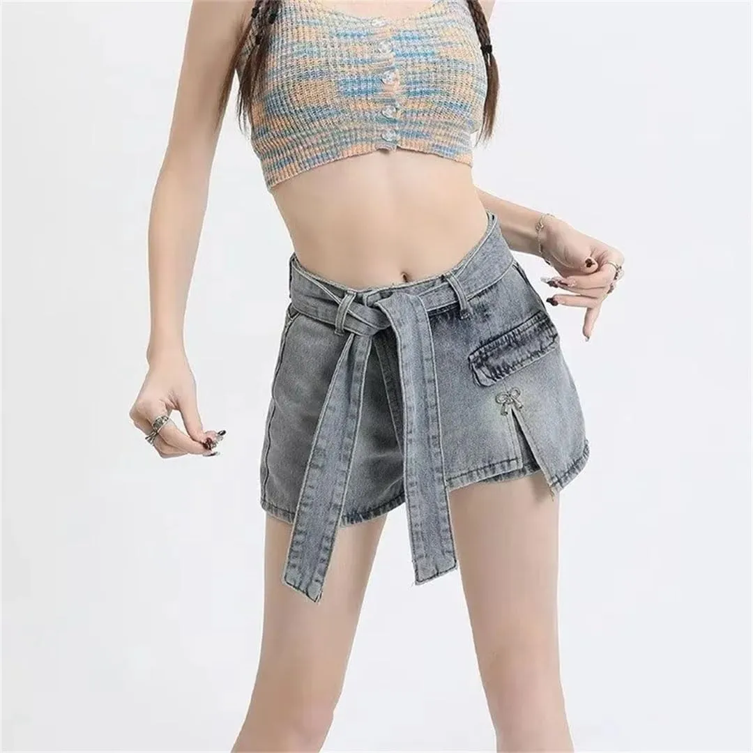 Women in Summer High Waist Slim Figure One-Piece A-Line Hot Pants Denim Shorts
