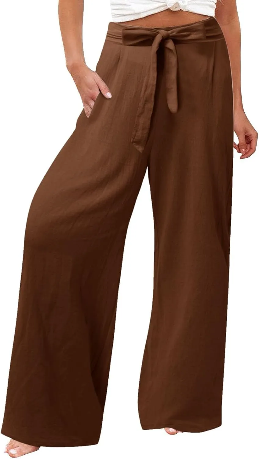 Women Linen Blend Summer Drawstring Pants Elastic Waist Bootcut Plus Size Pant Trousers Vacation