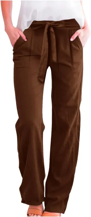 Women Linen Blend Summer Drawstring Pants Elastic Waist Bootcut Plus Size Pant Trousers Vacation