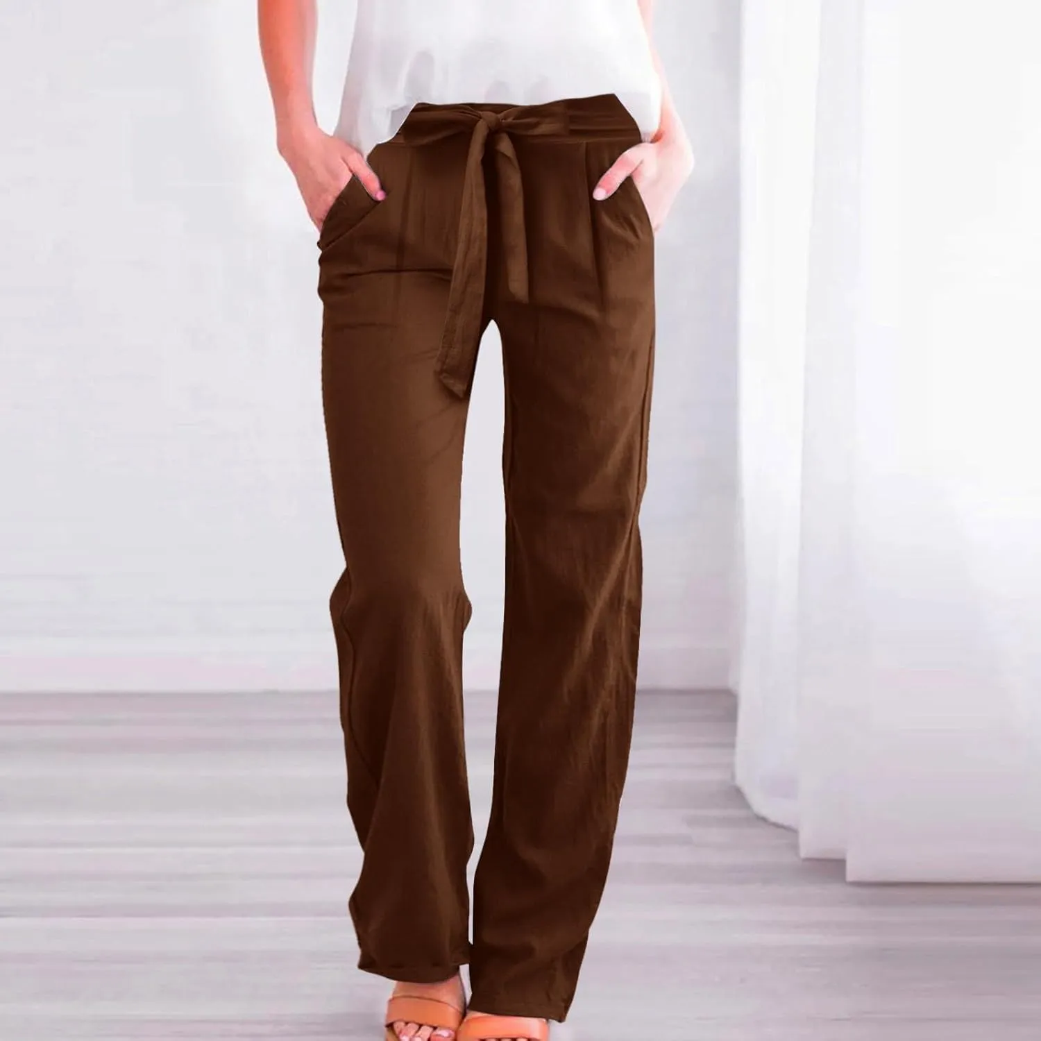 Women Linen Blend Summer Drawstring Pants Elastic Waist Bootcut Plus Size Pant Trousers Vacation