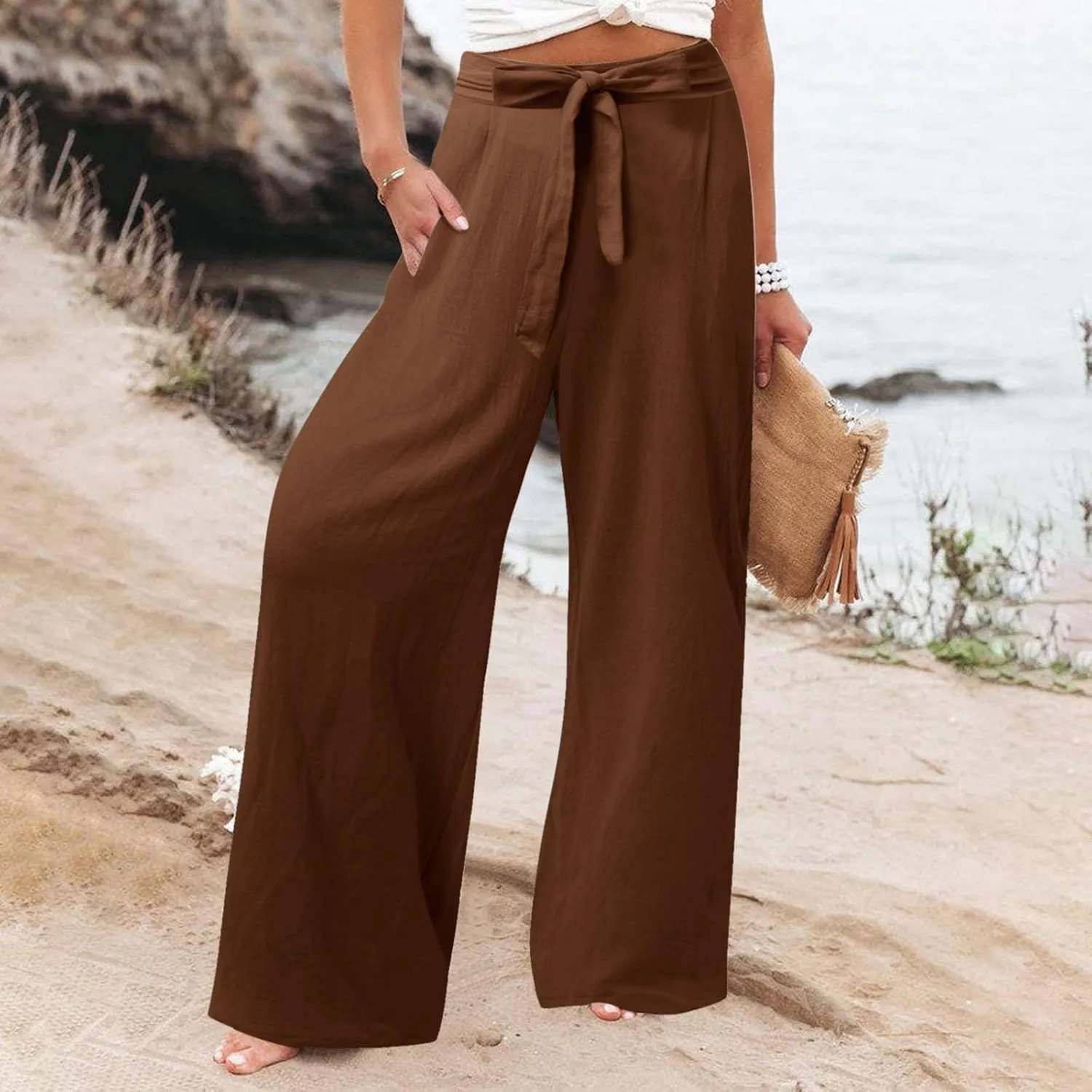 Women Linen Blend Summer Drawstring Pants Elastic Waist Bootcut Plus Size Pant Trousers Vacation