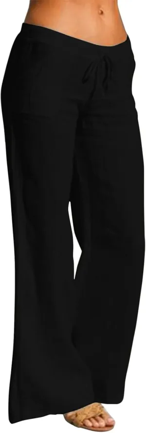 Women Linen Blend Summer Striped Palazzo Pants Elastic Waist Wide Leg Loose Fit Trouser Vacation