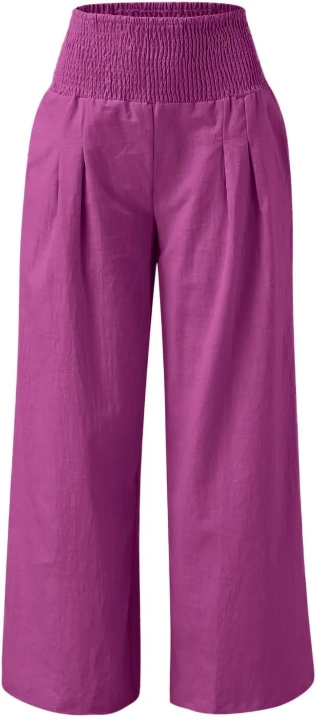 Women Linen Palazzo Pants Summer Boho Wide Leg High Waist Casual Lounge Pant 2025 Trendy Beach Travel Trousers
