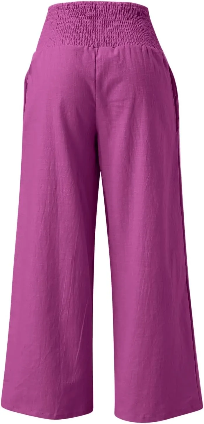 Women Linen Palazzo Pants Summer Boho Wide Leg High Waist Casual Lounge Pant 2025 Trendy Beach Travel Trousers