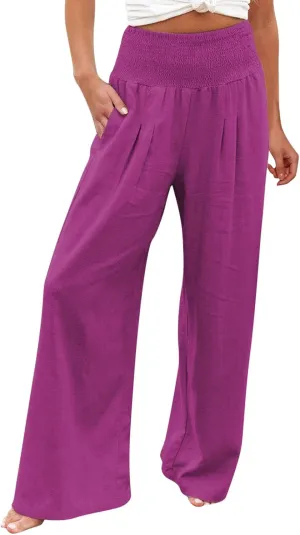 Women Linen Palazzo Pants Summer Boho Wide Leg High Waist Casual Lounge Pant 2025 Trendy Beach Travel Trousers