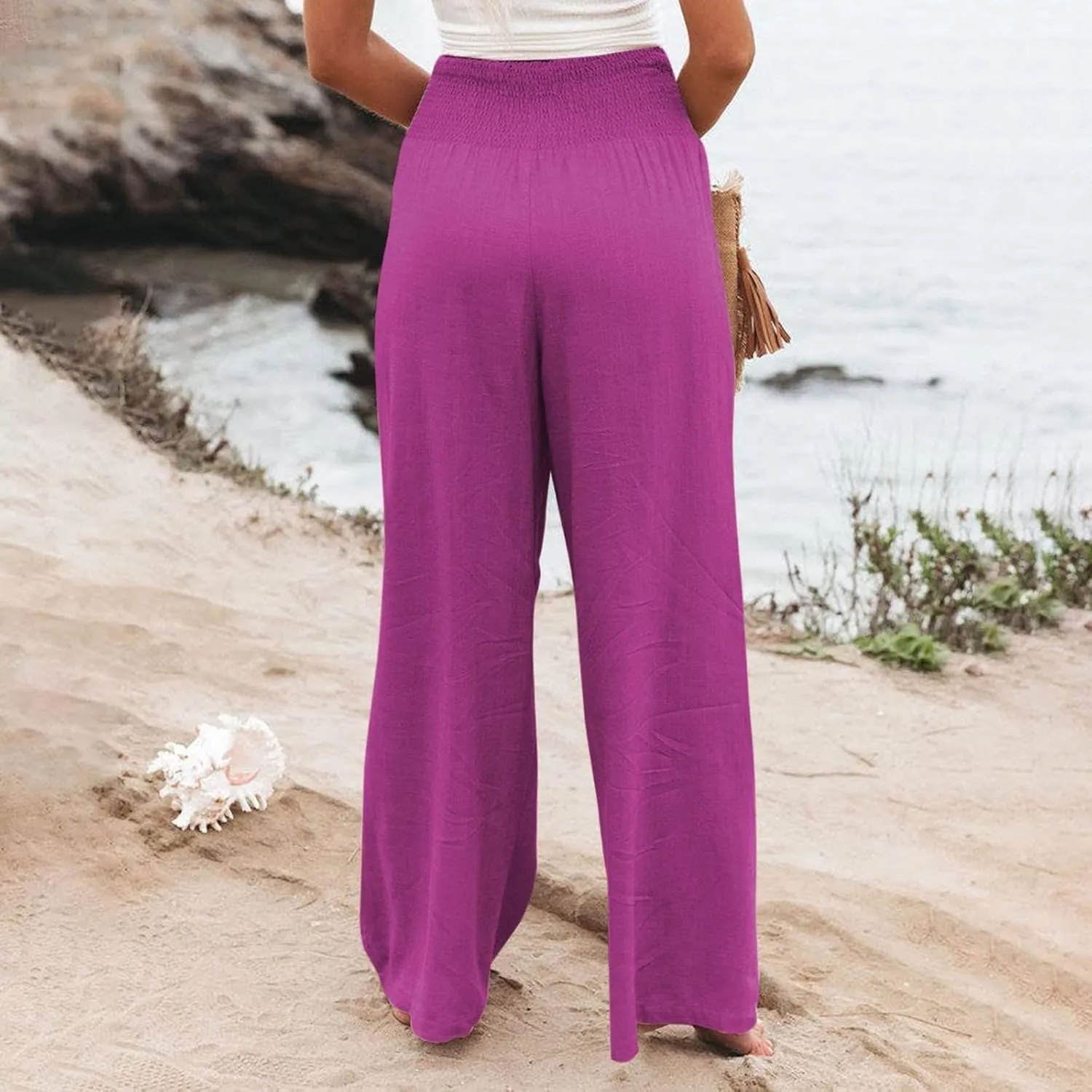 Women Linen Palazzo Pants Summer Boho Wide Leg High Waist Casual Lounge Pant 2025 Trendy Beach Travel Trousers