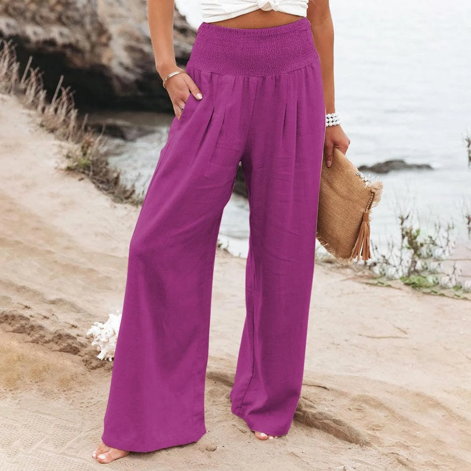 Women Linen Palazzo Pants Summer Boho Wide Leg High Waist Casual Lounge Pant 2025 Trendy Beach Travel Trousers