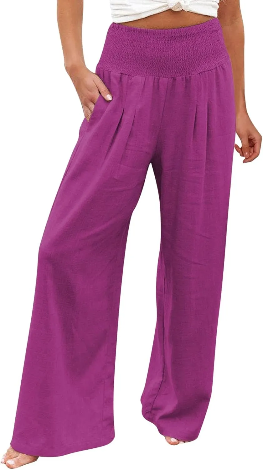 Women Linen Palazzo Pants Summer Boho Wide Leg High Waist Casual Lounge Pant 2025 Trendy Beach Travel Trousers