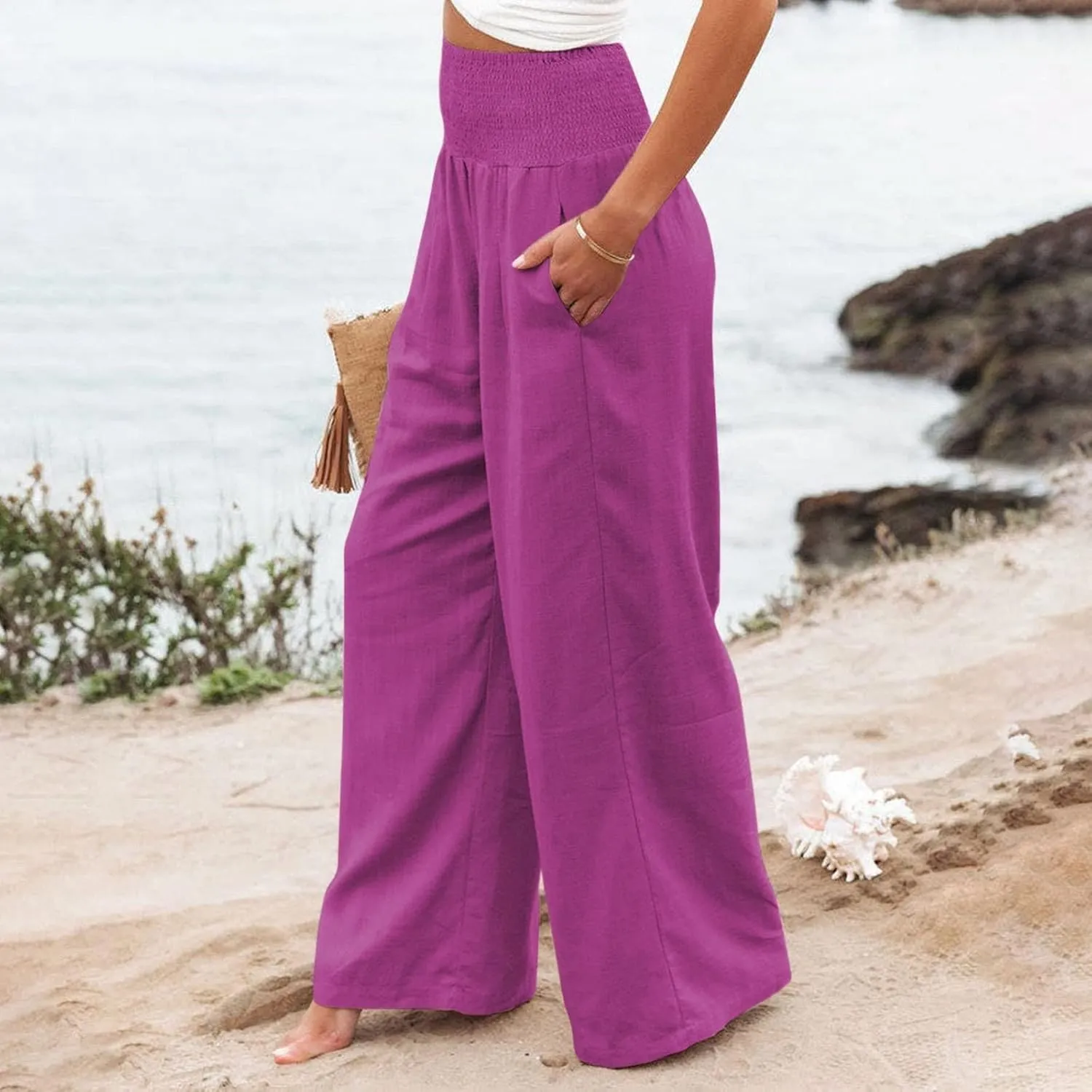 Women Linen Palazzo Pants Summer Boho Wide Leg High Waist Casual Lounge Pant 2025 Trendy Beach Travel Trousers
