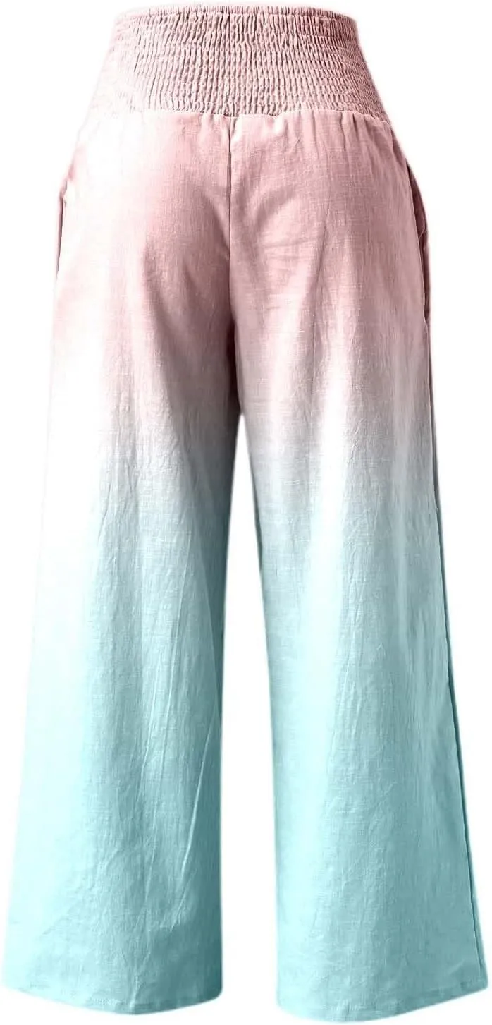 Women Linen Pants 2025 Summer Casual Loose Wide Leg Palazzo Pants Smocked High Waist Flowy Beach Trousers