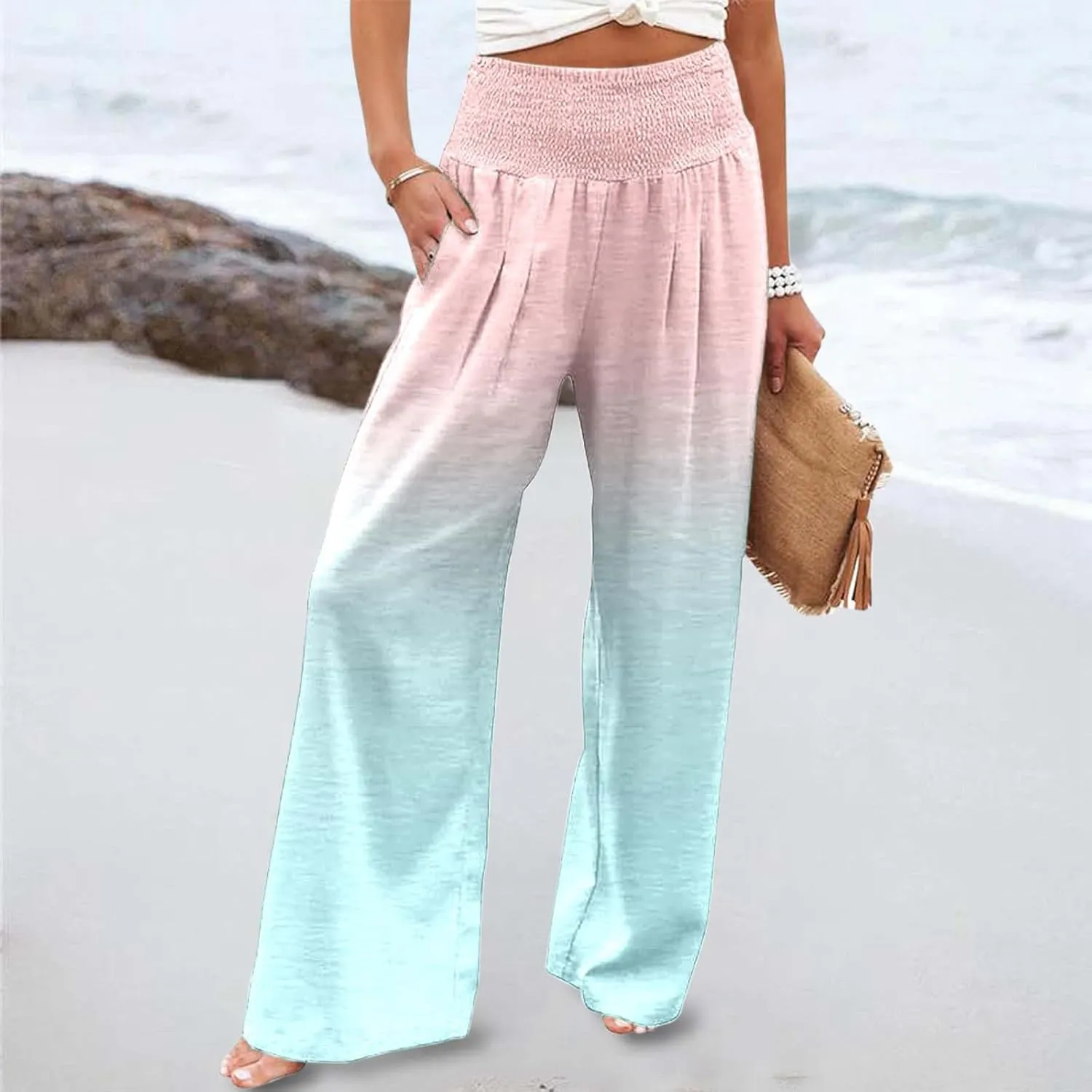 Women Linen Pants 2025 Summer Casual Loose Wide Leg Palazzo Pants Smocked High Waist Flowy Beach Trousers