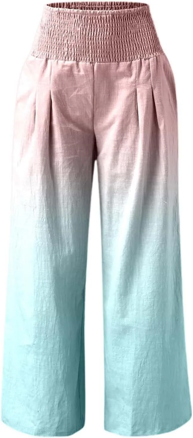 Women Linen Pants 2025 Summer Casual Loose Wide Leg Palazzo Pants Smocked High Waist Flowy Beach Trousers