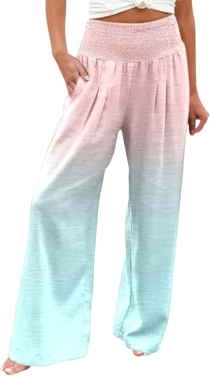 Women Linen Pants 2025 Summer Casual Loose Wide Leg Palazzo Pants Smocked High Waist Flowy Beach Trousers