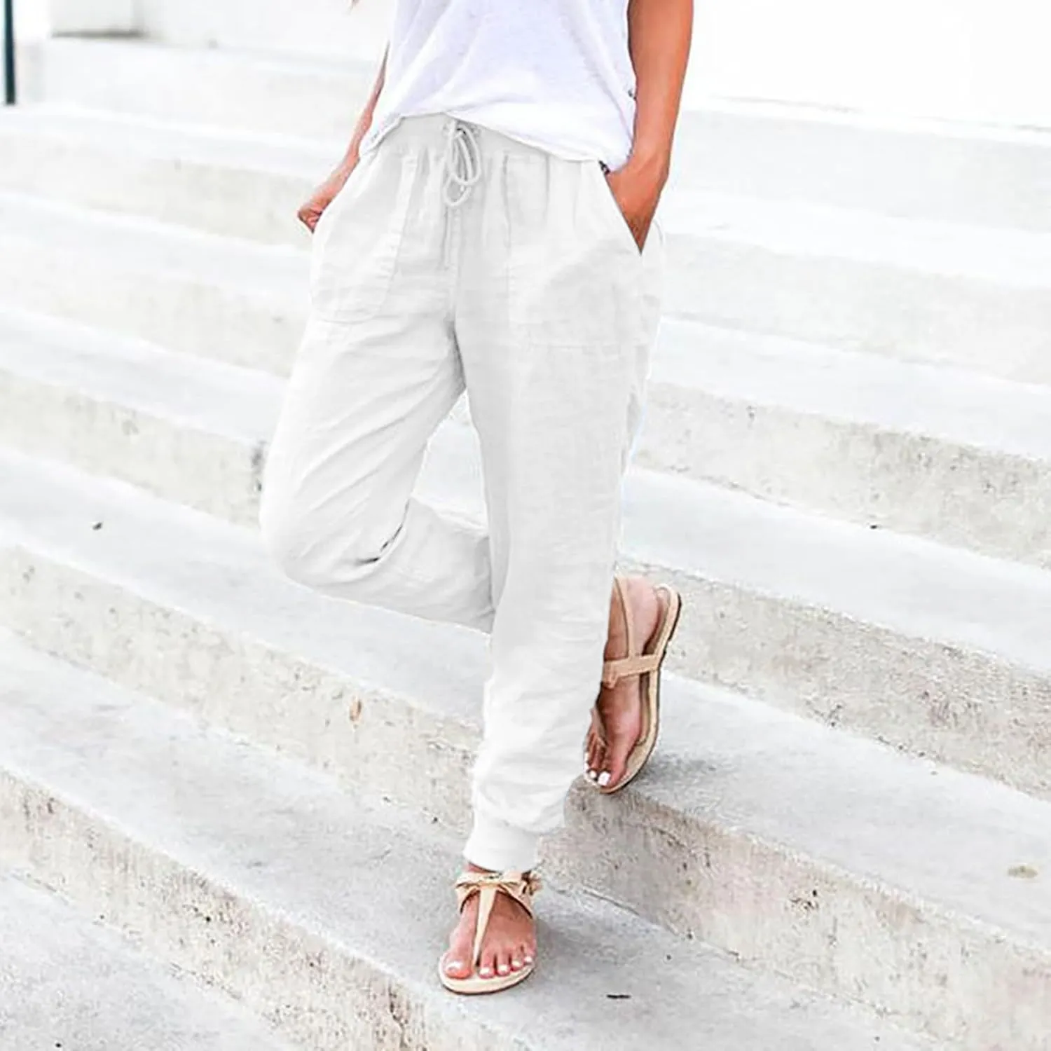 Women Linen Pants Drawstring Elastic Waist Summer Casual Beach Pants with Pockets Wide Leg Palazzo Trouser for Vacation