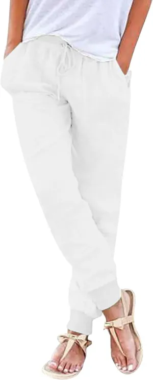 Women Linen Pants Drawstring Elastic Waist Summer Casual Beach Pants with Pockets Wide Leg Palazzo Trouser for Vacation