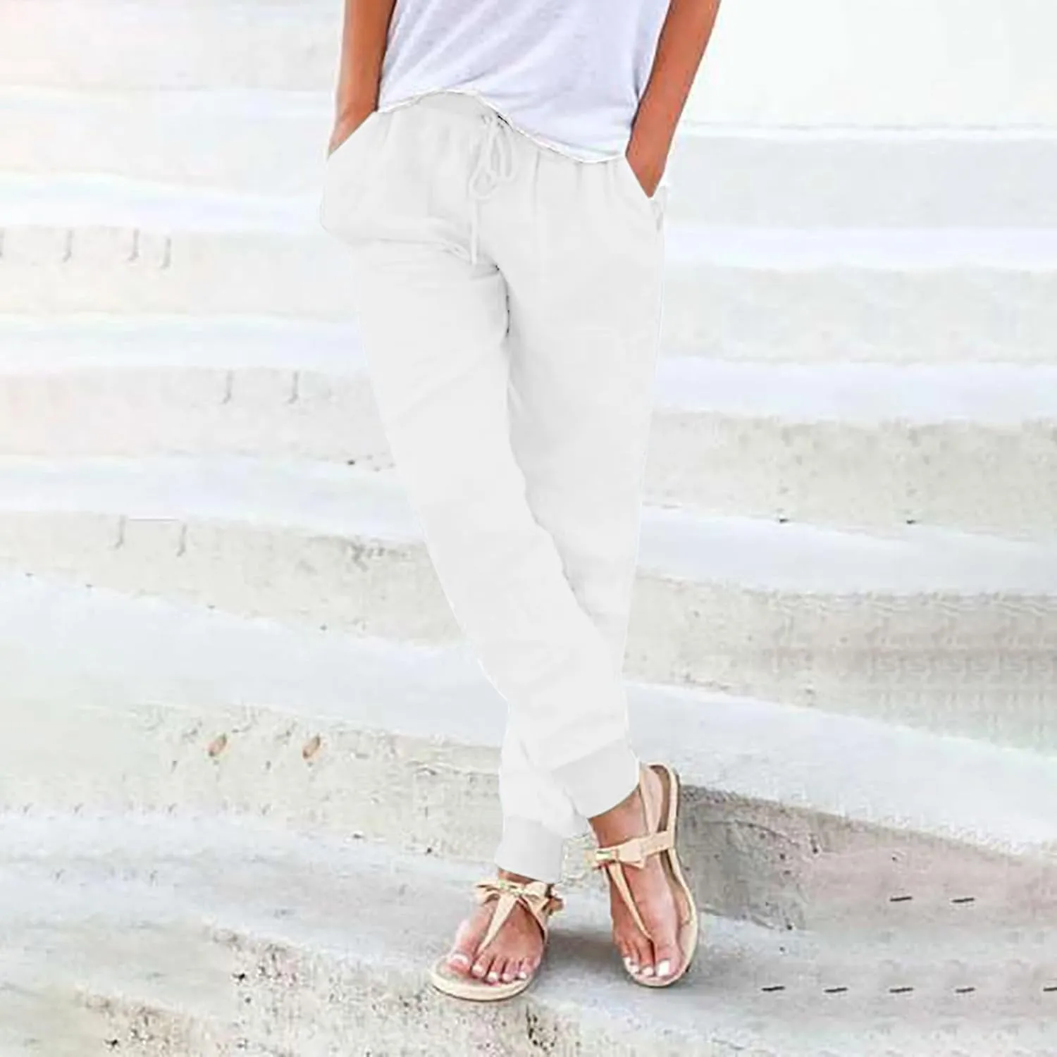 Women Linen Pants Drawstring Elastic Waist Summer Casual Beach Pants with Pockets Wide Leg Palazzo Trouser for Vacation
