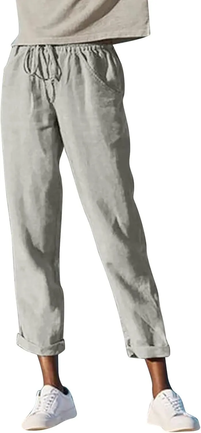 Women Linen Pants Drawstring High Waisted Lounge Pants Summer Travel Beach Trousers with Pockets 2025