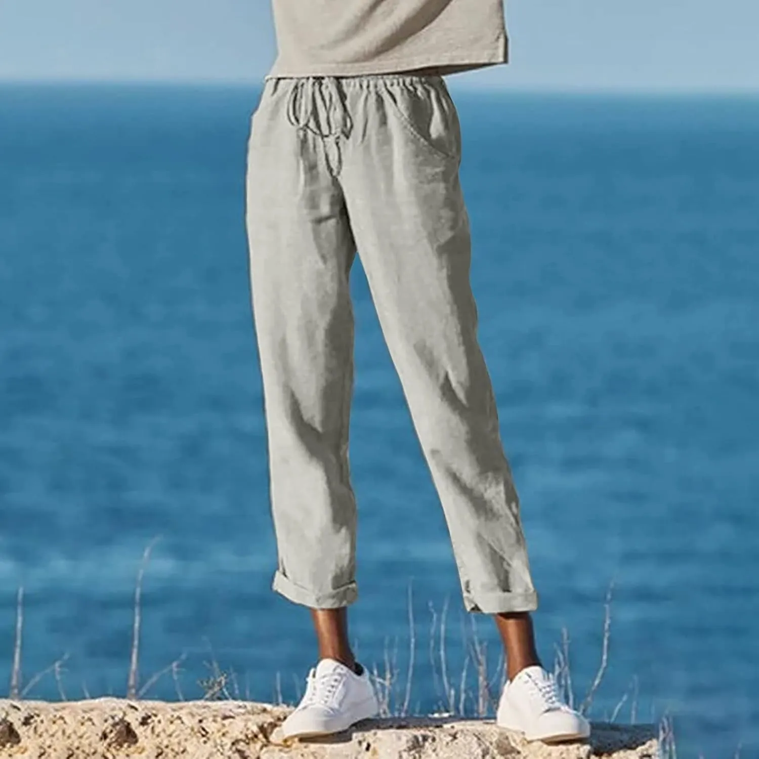Women Linen Pants Drawstring High Waisted Lounge Pants Summer Travel Beach Trousers with Pockets 2025