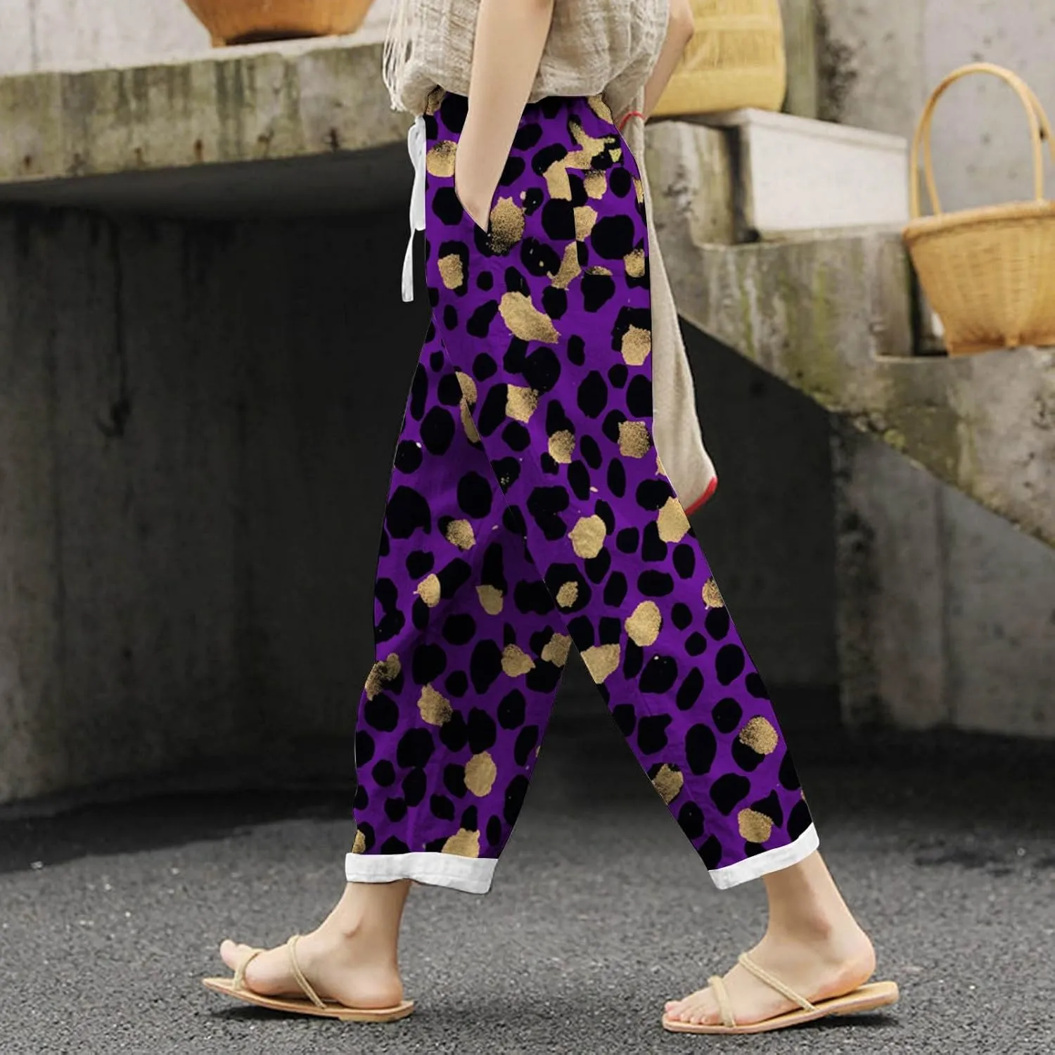 Women Linen Pants Flowy Wide Leg Palazzo Pant High Waisted Drawstring Casual Pants Loose Lounge Beach Trousers