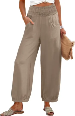 Women Linen Pants Summer Wide Leg High Waisted Loose Fit Pants Baggy Harem Palazzo Pant Beach Trousers with Pockets