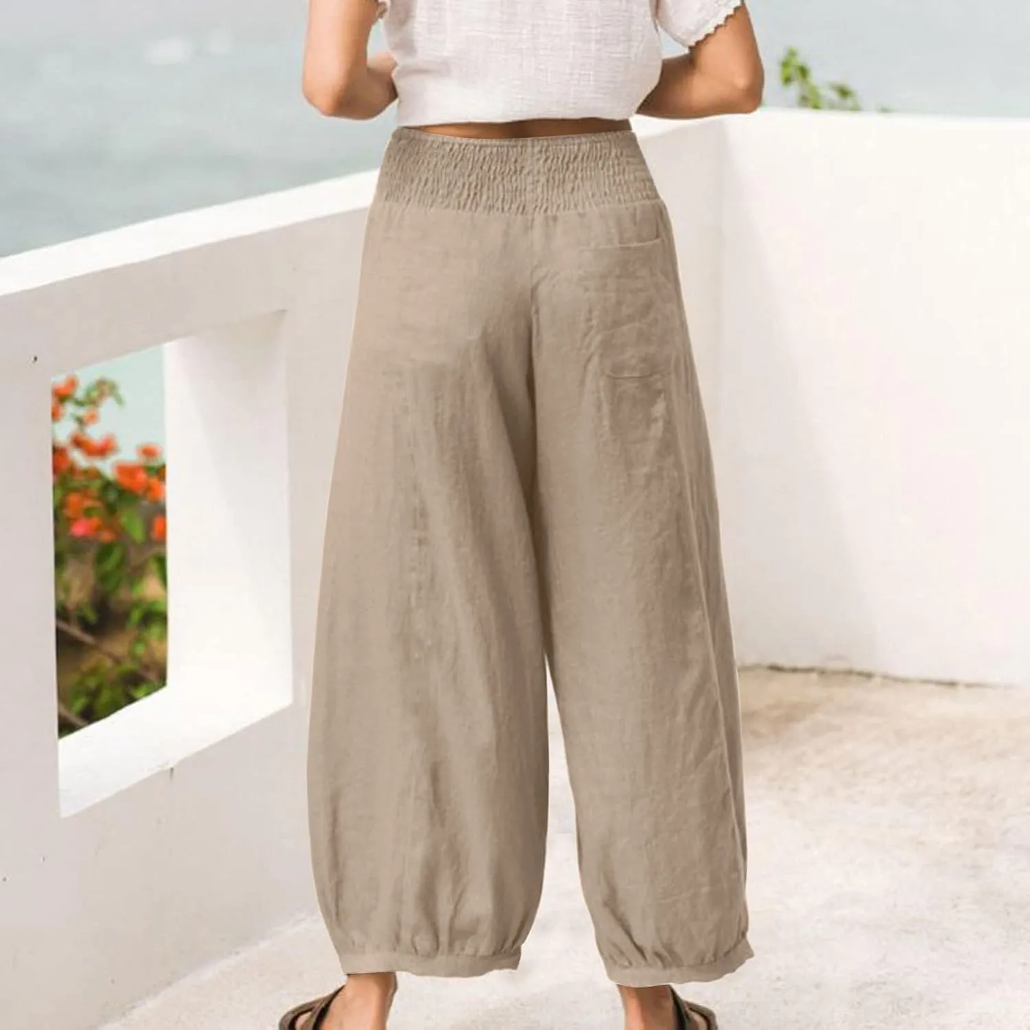Women Linen Pants Summer Wide Leg High Waisted Loose Fit Pants Baggy Harem Palazzo Pant Beach Trousers with Pockets