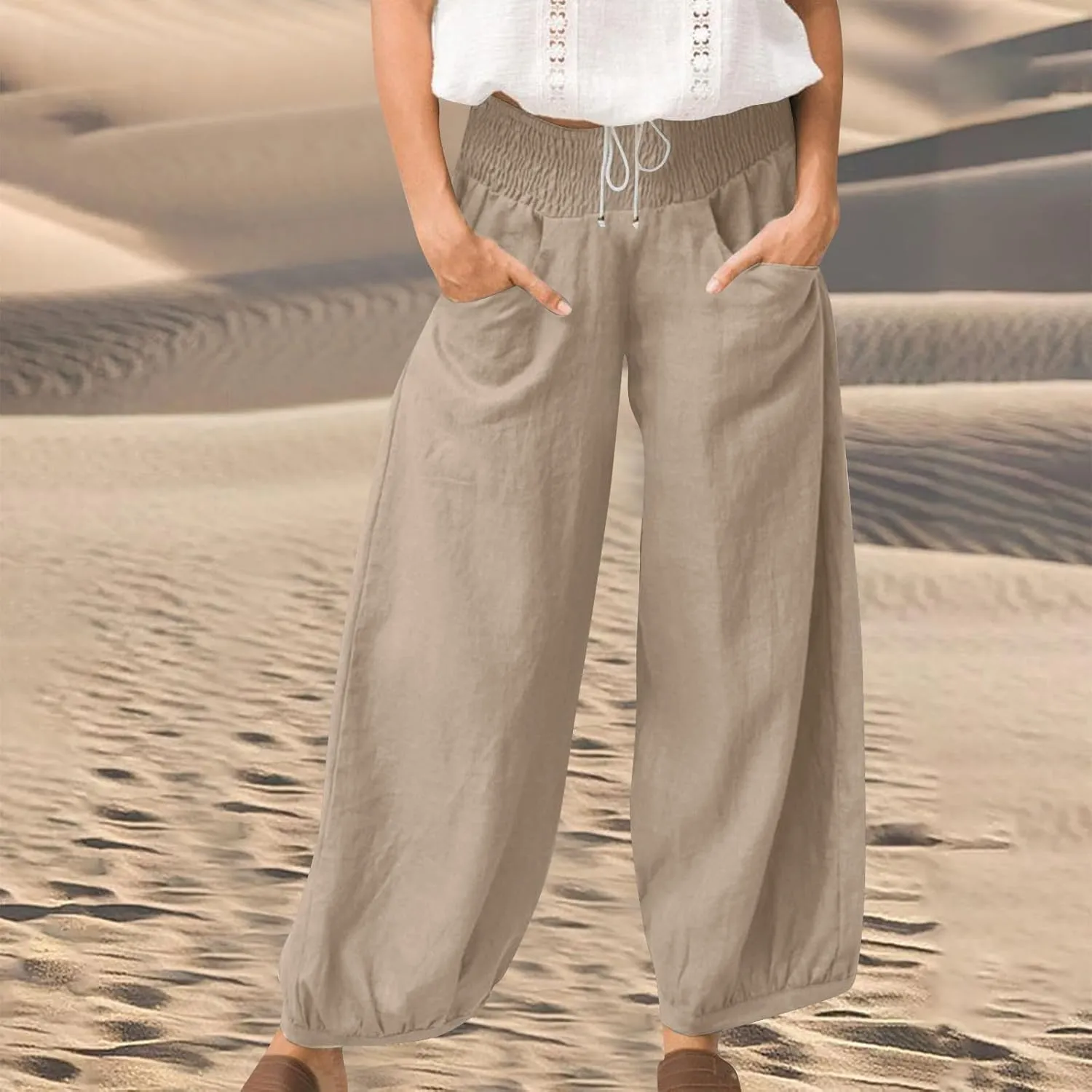 Women Linen Pants Summer Wide Leg High Waisted Loose Fit Pants Baggy Harem Palazzo Pant Beach Trousers with Pockets