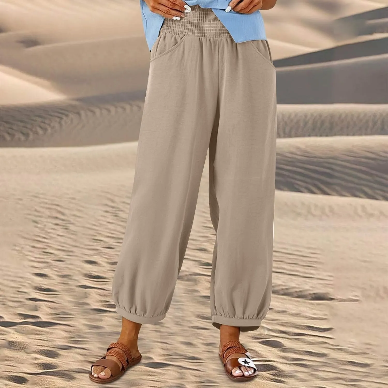Women Linen Pants Summer Wide Leg High Waisted Loose Fit Pants Baggy Harem Palazzo Pant Beach Trousers with Pockets