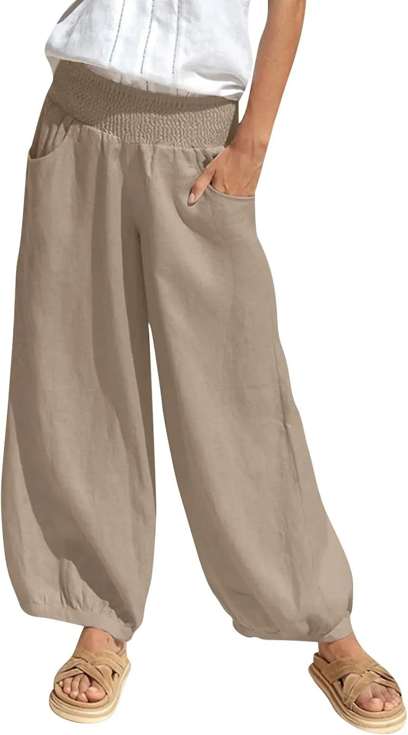 Women Linen Pants Summer Wide Leg High Waisted Loose Fit Pants Baggy Harem Palazzo Pant Beach Trousers with Pockets