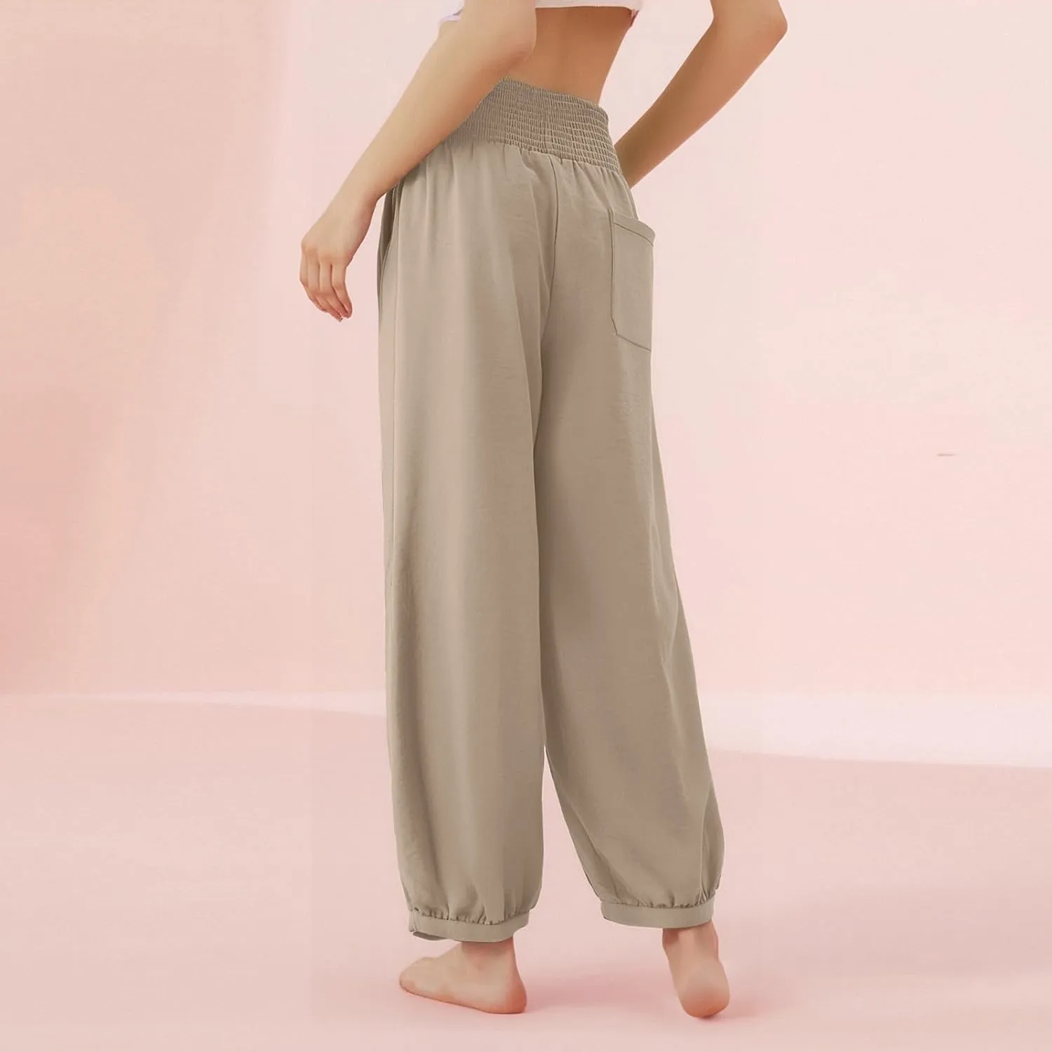 Women Linen Pants Summer Wide Leg High Waisted Loose Fit Pants Baggy Harem Palazzo Pant Beach Trousers with Pockets