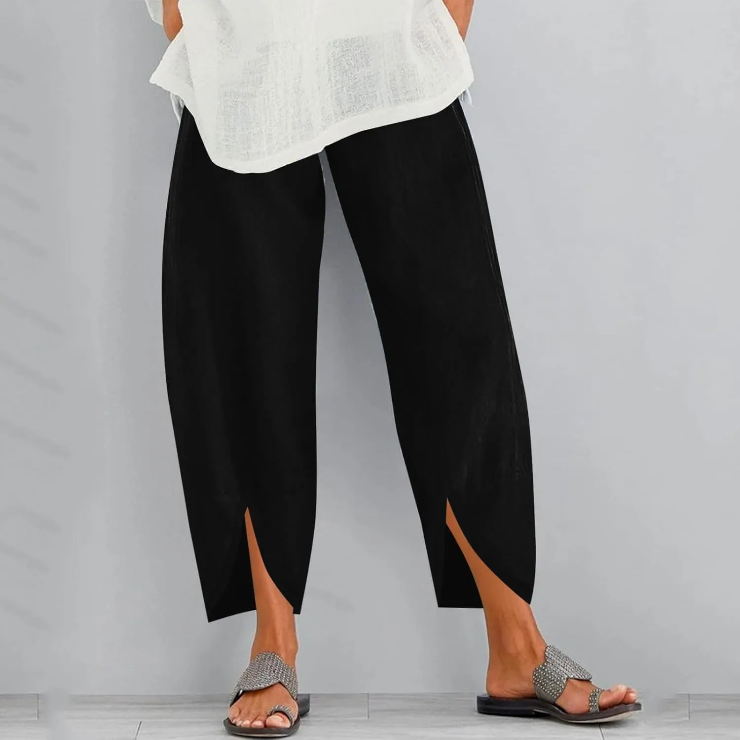 Women Linen Summer Palazzo Pant Trousers Low Waist Ankle Length Slim-Fit Palazzo Lounge Pants Beach