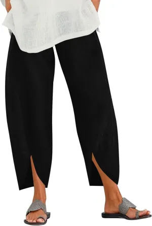 Women Linen Summer Palazzo Pant Trousers Low Waist Ankle Length Slim-Fit Palazzo Lounge Pants Beach