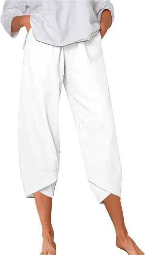 Women Linen Summer Y2K Fashion Palazzo Lounge Pants Elastic Waist Stretchy Loose Fit Trouser Business Work
