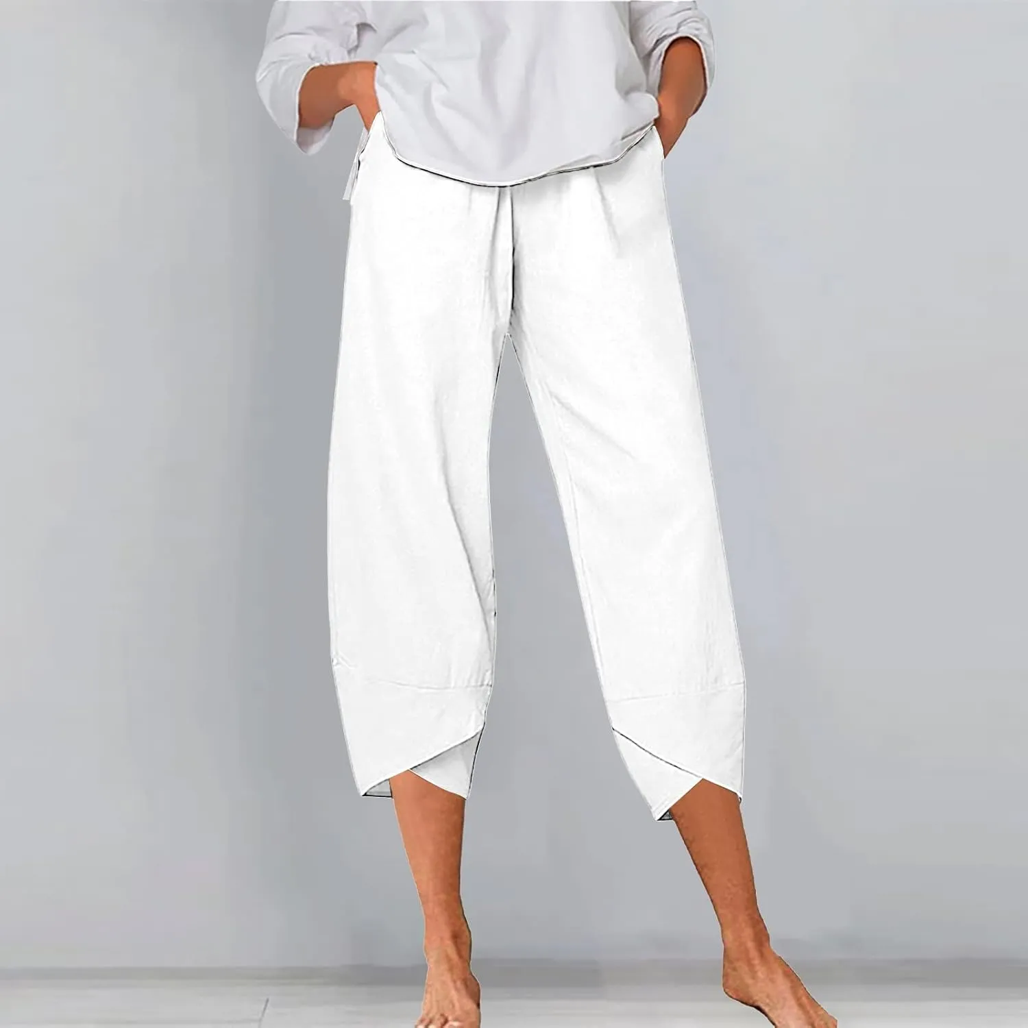 Women Linen Summer Y2K Fashion Palazzo Lounge Pants Elastic Waist Stretchy Loose Fit Trouser Business Work