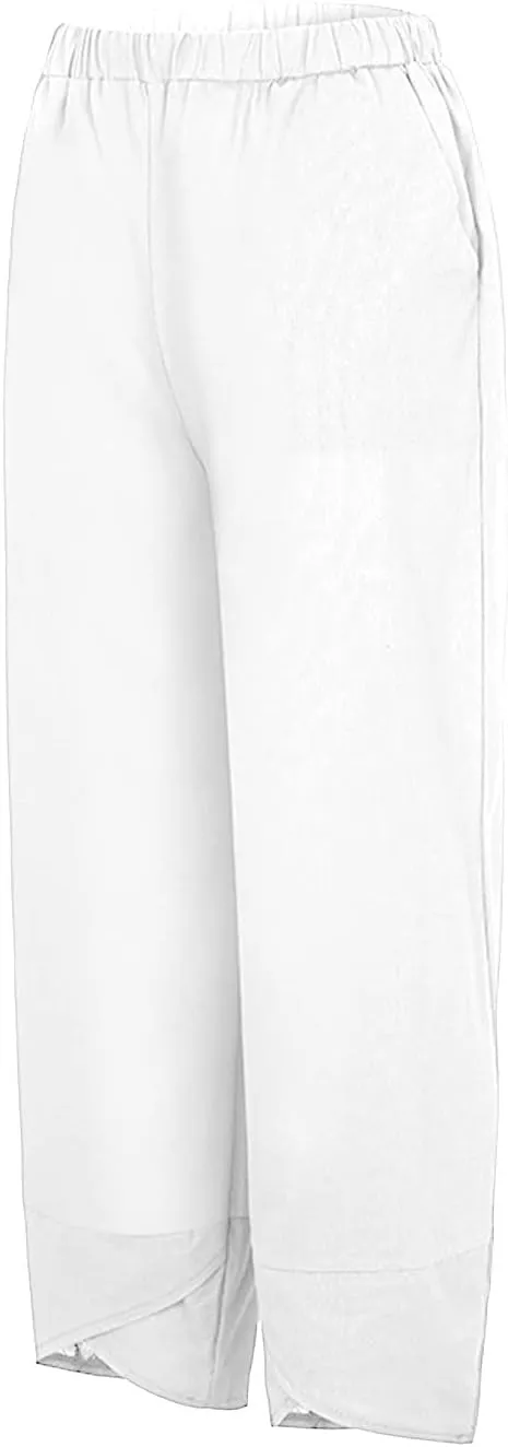 Women Linen Summer Y2K Fashion Palazzo Lounge Pants Elastic Waist Stretchy Loose Fit Trouser Business Work