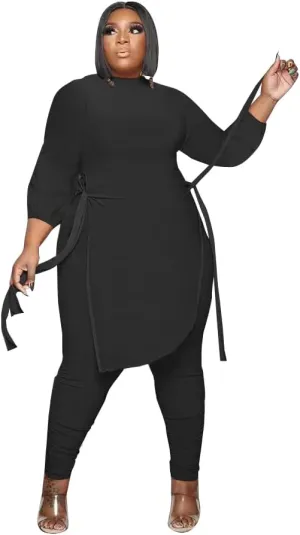 Women Plus Size 2 Piece Outfits Jumpsuit Camouflage Print Long Sleeve Slit Tunic Tops Pant Set