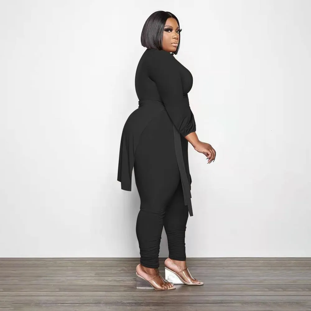 Women Plus Size 2 Piece Outfits Jumpsuit Camouflage Print Long Sleeve Slit Tunic Tops Pant Set