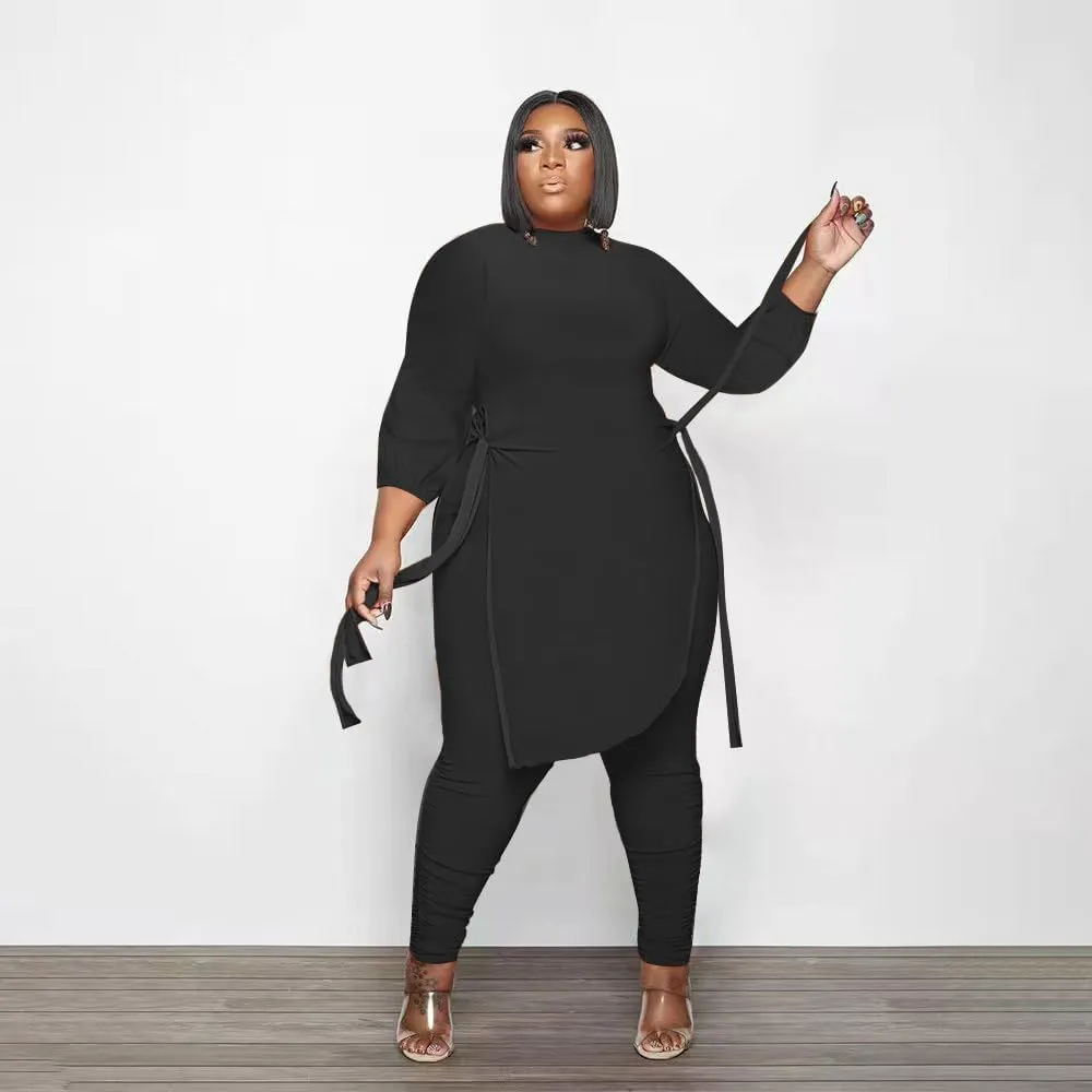 Women Plus Size 2 Piece Outfits Jumpsuit Camouflage Print Long Sleeve Slit Tunic Tops Pant Set