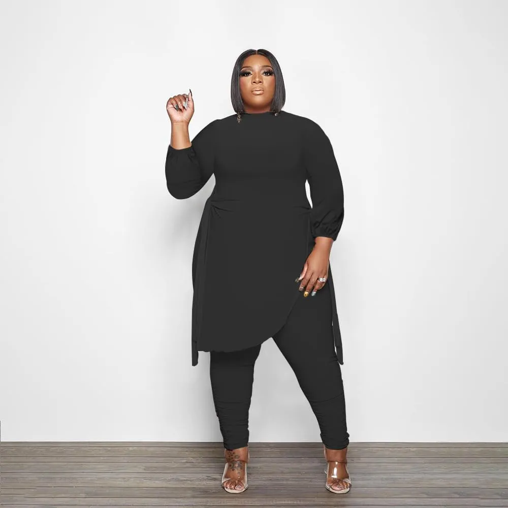 Women Plus Size 2 Piece Outfits Jumpsuit Camouflage Print Long Sleeve Slit Tunic Tops Pant Set