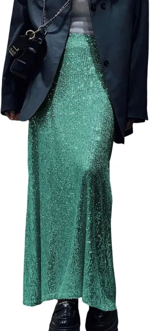 Women Sequin Maxi Skirt Glitter Elastic Waist A Line Midi Skirt Sparkle Pencil Skirt Party Nightout Long Skirt