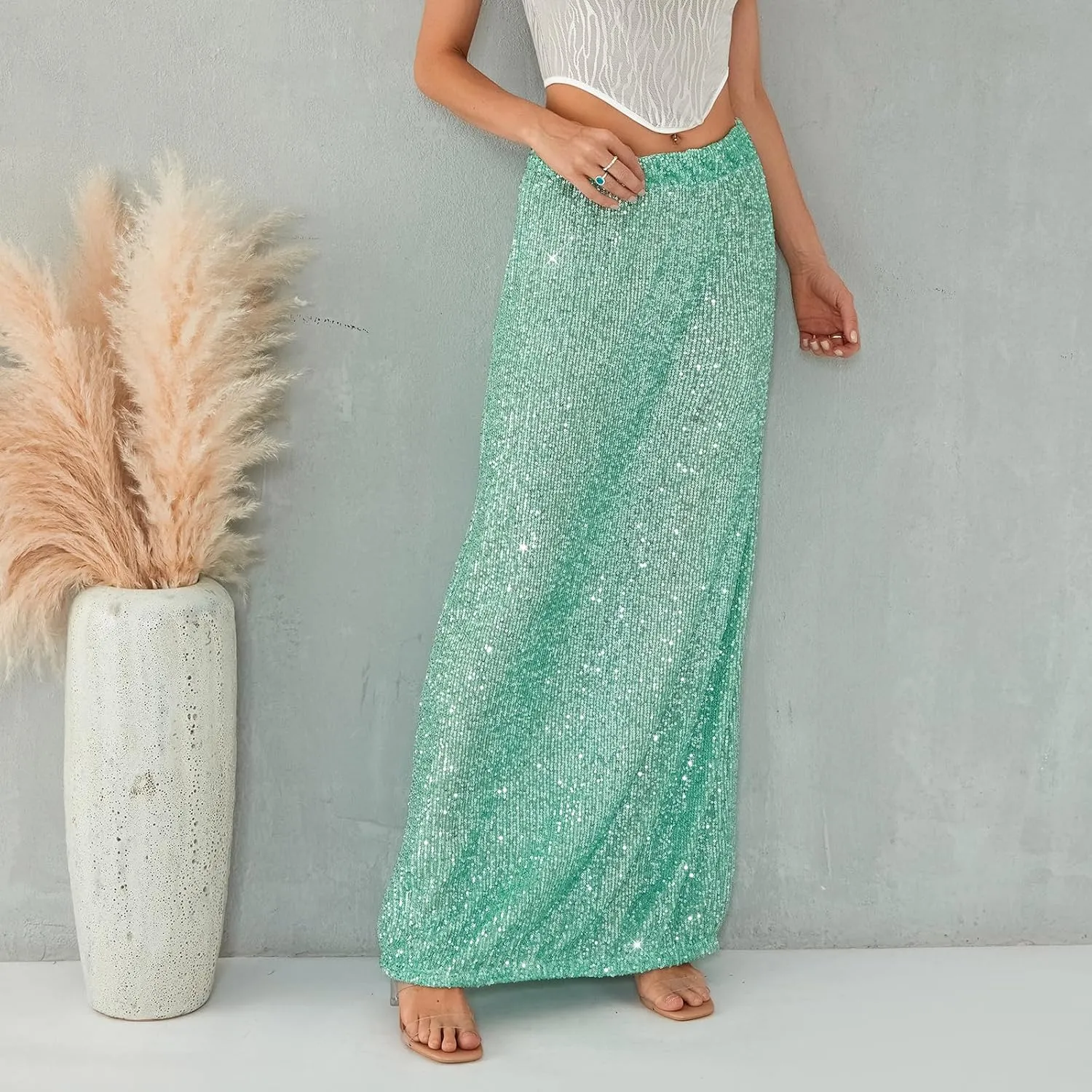 Women Sequin Maxi Skirt Glitter Elastic Waist A Line Midi Skirt Sparkle Pencil Skirt Party Nightout Long Skirt