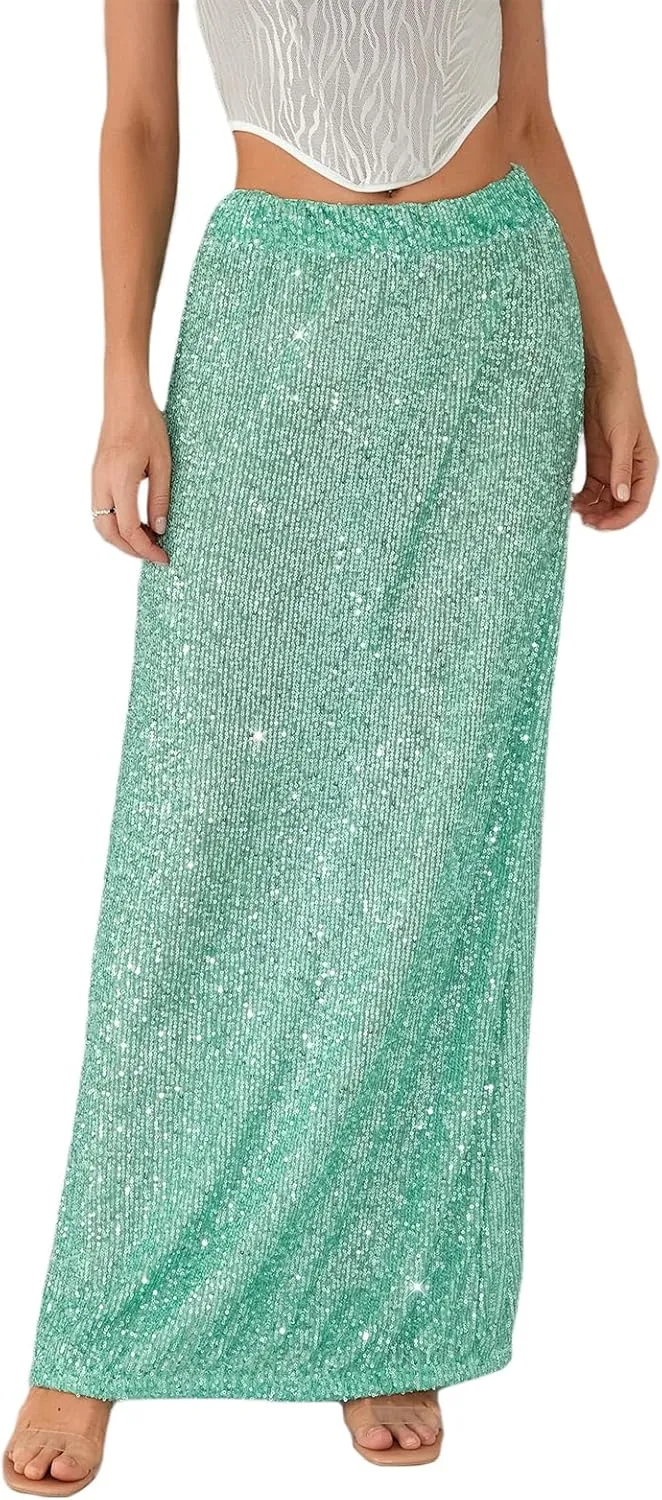 Women Sequin Maxi Skirt Glitter Elastic Waist A Line Midi Skirt Sparkle Pencil Skirt Party Nightout Long Skirt