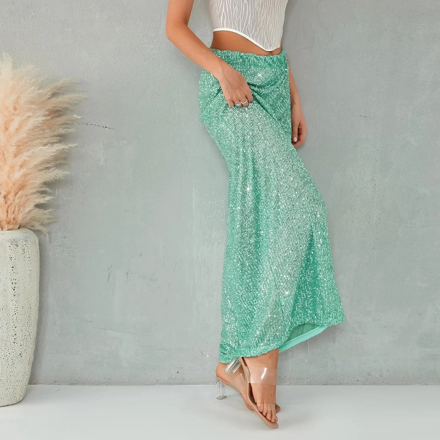 Women Sequin Maxi Skirt Glitter Elastic Waist A Line Midi Skirt Sparkle Pencil Skirt Party Nightout Long Skirt