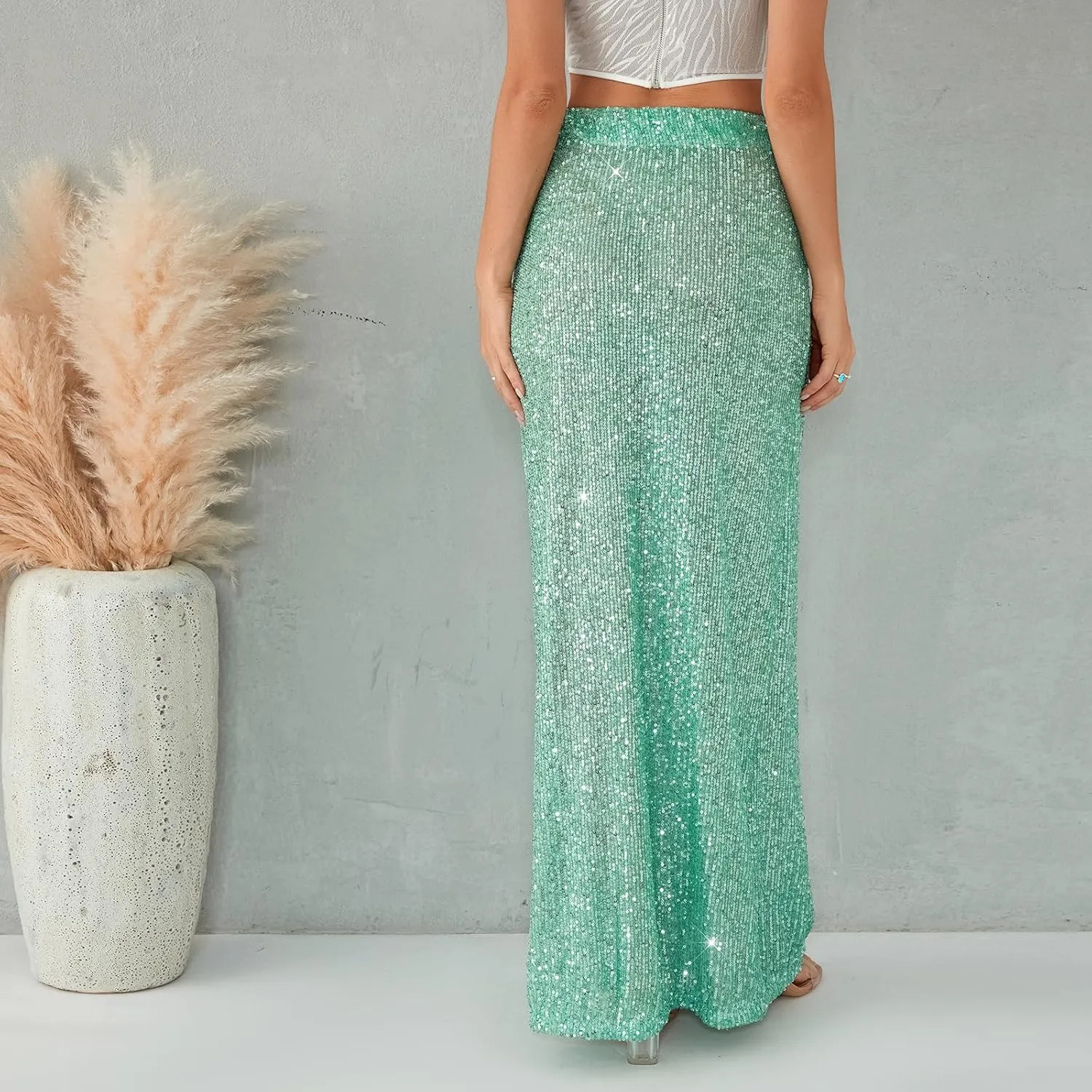 Women Sequin Maxi Skirt Glitter Elastic Waist A Line Midi Skirt Sparkle Pencil Skirt Party Nightout Long Skirt