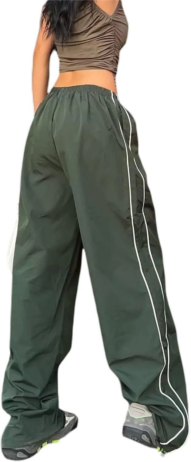 Women Side Striped Track Pants Wide Leg Baggy Sweatpants Parachute Pants Y2K Cargo Pants Joggers Trousers Streetwear