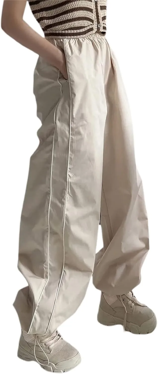 Women Side Striped Track Pants Wide Leg Baggy Sweatpants Parachute Pants Y2K Cargo Pants Joggers Trousers Streetwear