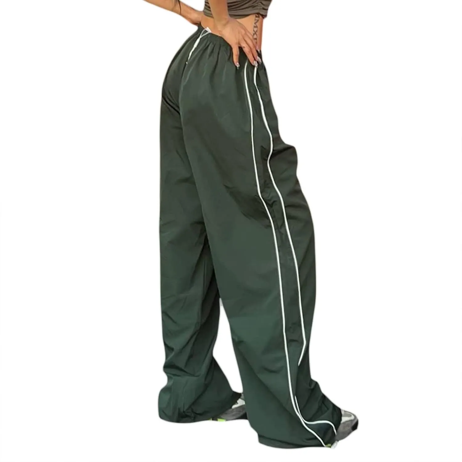Women Side Striped Track Pants Wide Leg Baggy Sweatpants Parachute Pants Y2K Cargo Pants Joggers Trousers Streetwear